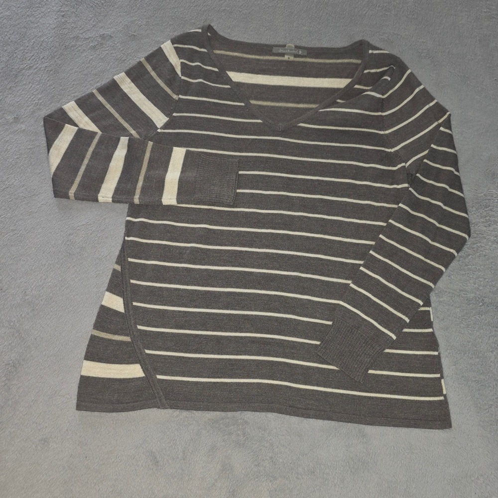 Smartwool Womens Merino Wool Blend Striped V-Neck Sweater Gray Cream Small